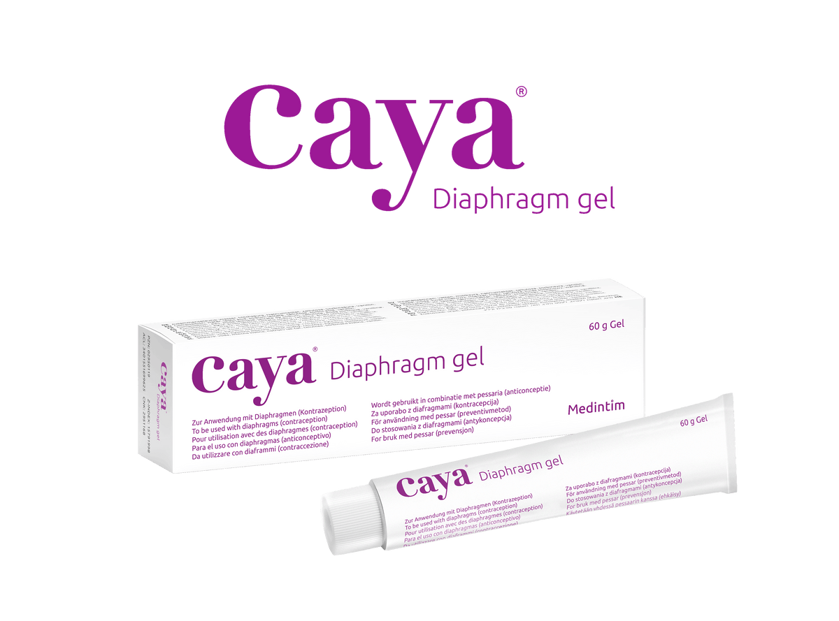 Caya Diaphragm gel shown with its white and purple product box and a matching tube of gel on a plain white background.