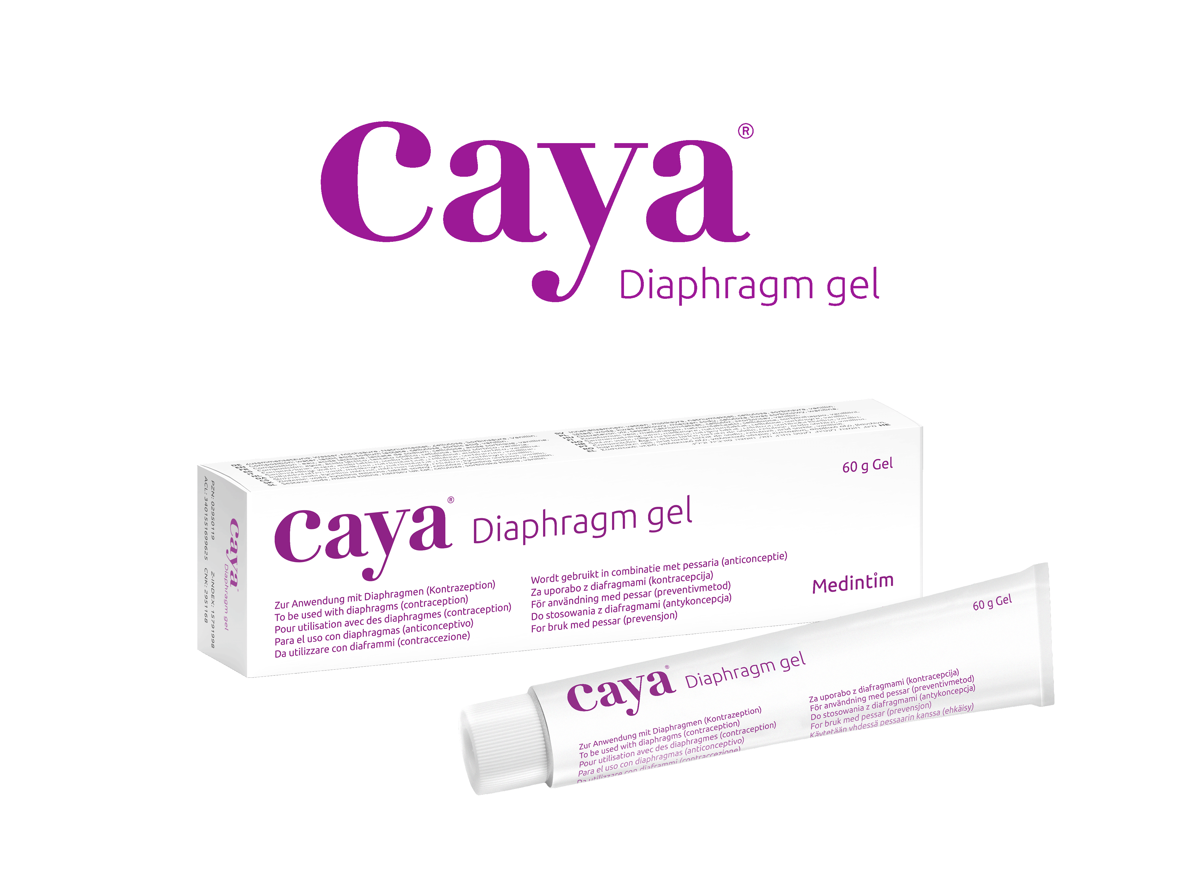 Caya Diaphragm gel shown with its white and purple product box and a matching tube of gel on a plain white background.