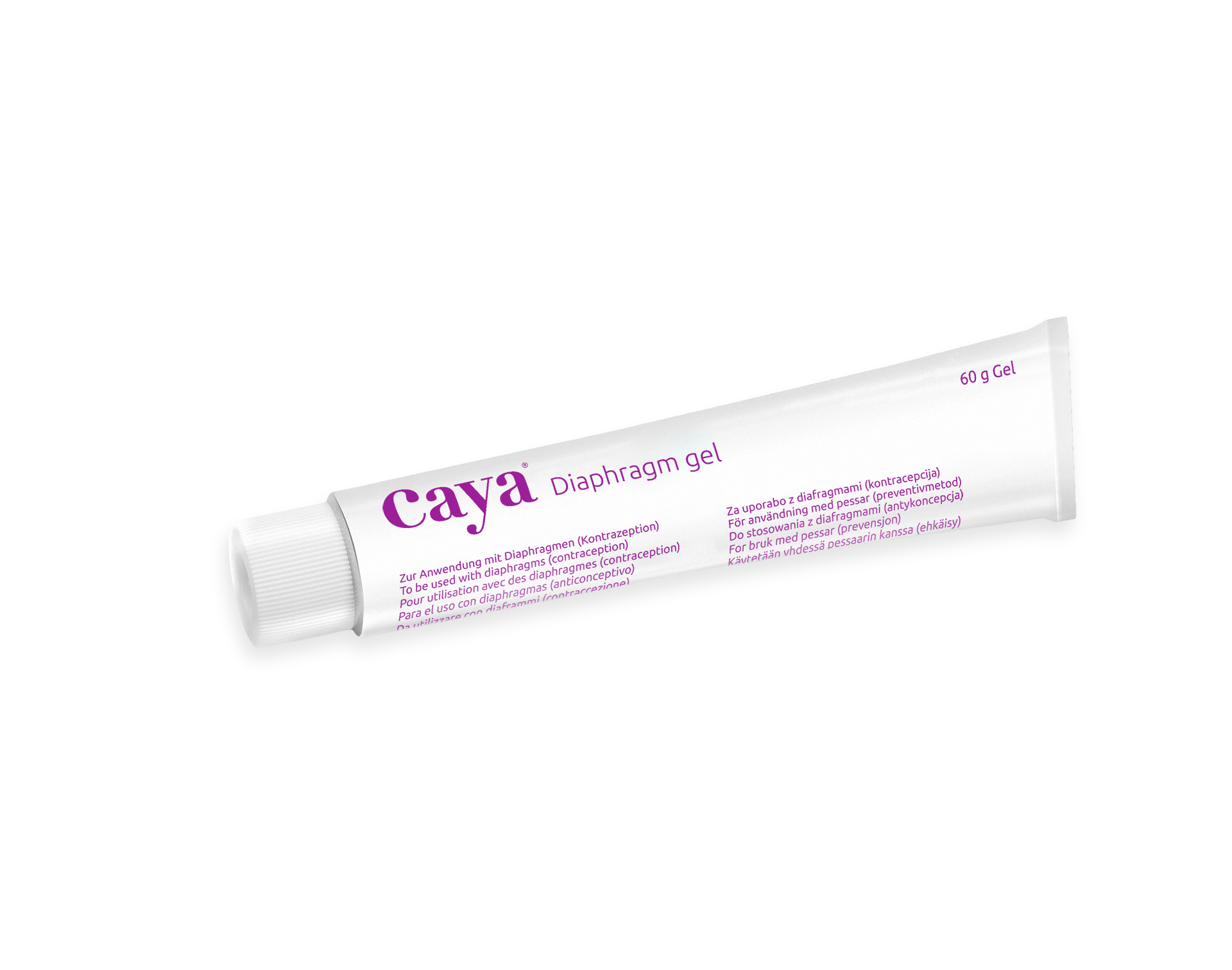 A white squeeze tube of caya Diaphragm gel with purple text, shown on a plain white background.