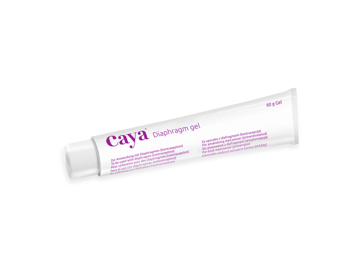 A white squeeze tube of caya Diaphragm gel with purple text, shown on a plain white background.